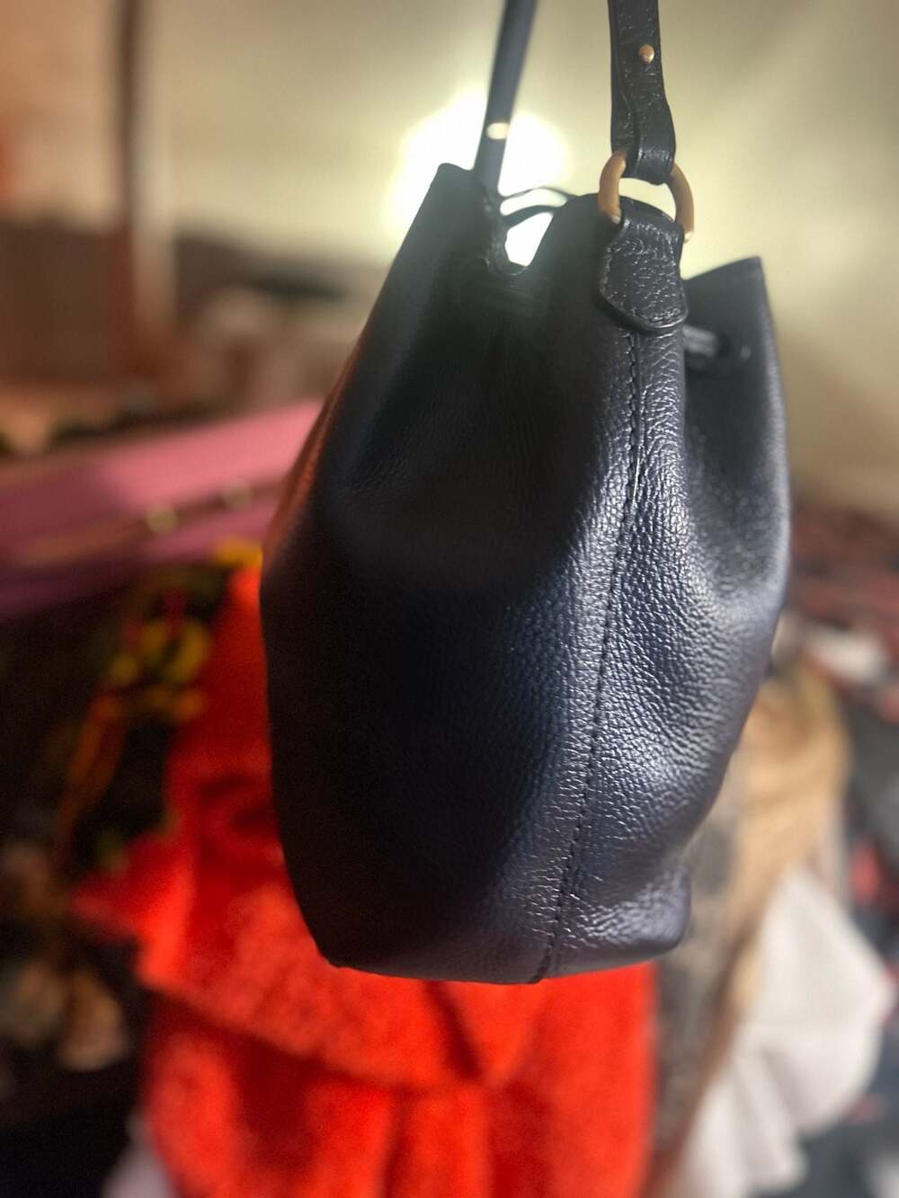 Emporio Armani Black Pebbled Leather Drawstring Bucket Bag